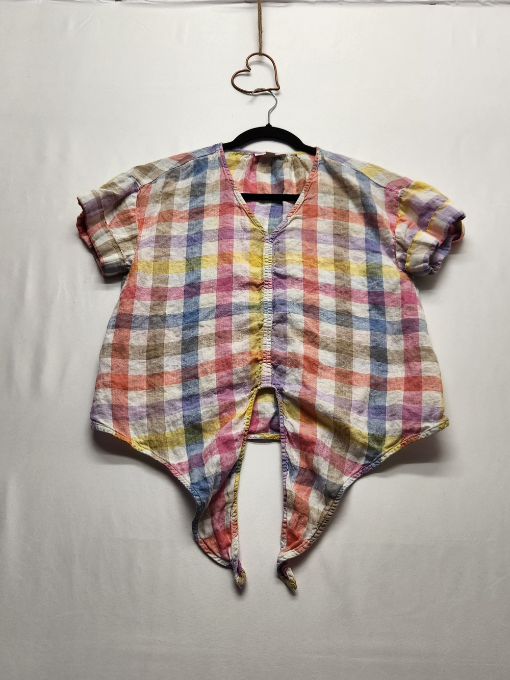 ⭐️Charter Club 100% Linen Pastel Plaid Tie Front Blouse S Rainbow Cottagecore
